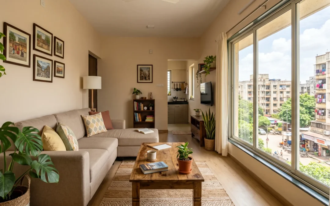 A well-furnished and bright living room representing a premium 1 BHK flat on rent in Dombivli.