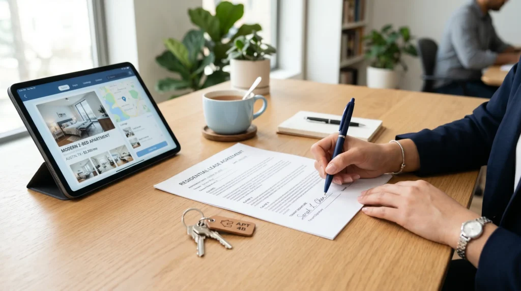 Signing a rent agreement document for a KDMC rental flat with house keys on the table.