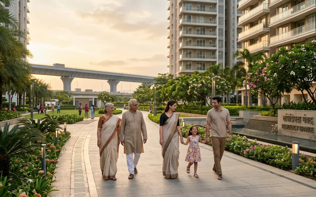 A happy family walking outside a modern residential township in Dombivli West.