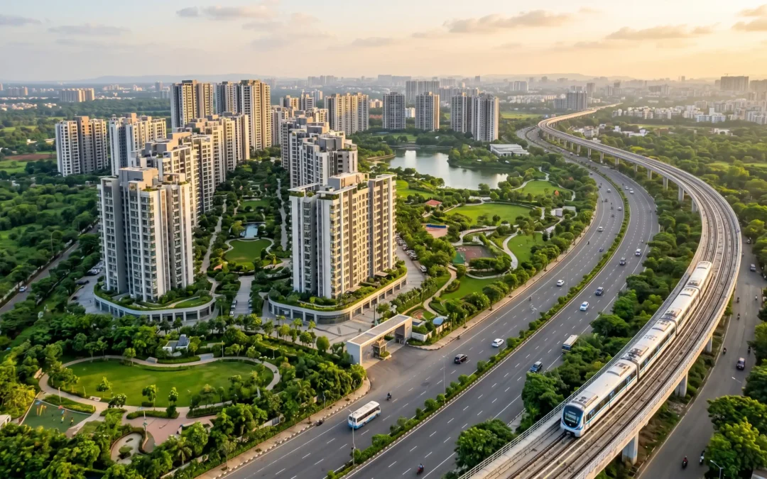 Aerial view of modern residential townships and infrastructure developments in Dombivli.