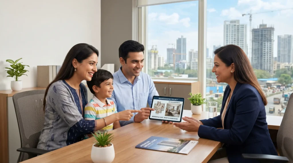 A family consulting a real estate expert regarding property investments in the Kalyan-Dombivli region.
